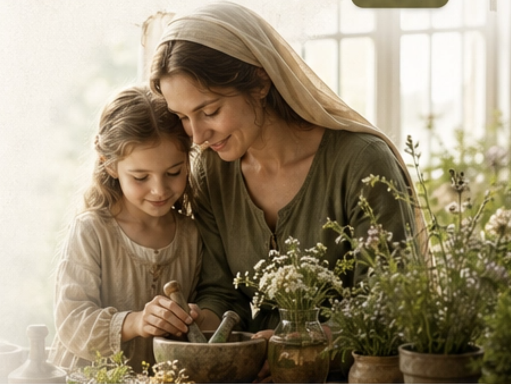 Mãe e filha preparando remédios naturais